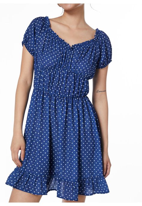 VESTIDO ROCHE BARDOT ESPALDA ELASTICADA AZUL-4