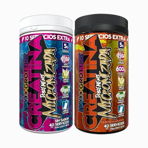 2 FRASCOS CREATINA MONOHIDRATO - 40 SERV C/U - Italo grottini - SIN SABOR Y NARANJA-0