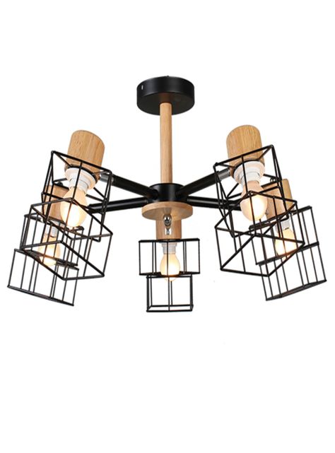 Lampara Colgante Negra Cromo Metal Y Madera 5 Luces -0