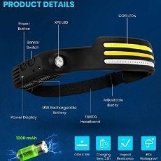 Luz Linterna Cintillo Cabeza 3 Tiras Led Sensor Recargable -1