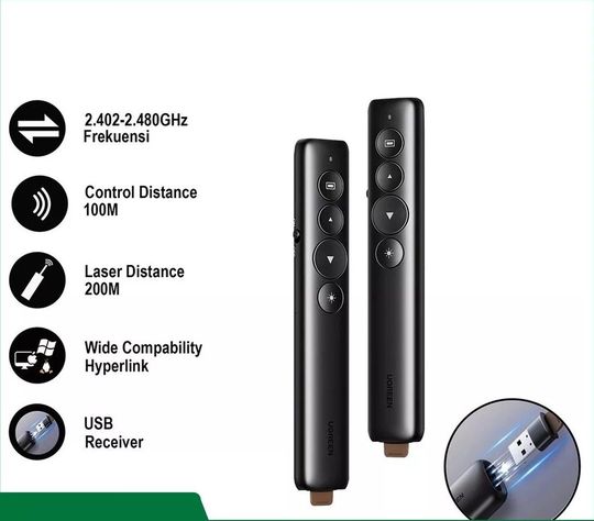 PRESENTADOR LASER INALAMBRICO USB-A 3.0 NEGRO UGREEN LP479-1