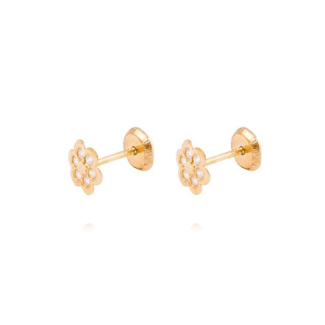 Aros de Oro 19kt Flor Pequeña Circón-0