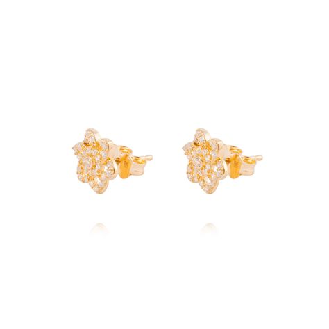 Aros de Oro 18kt Flor Seis Pétalos Circón-0