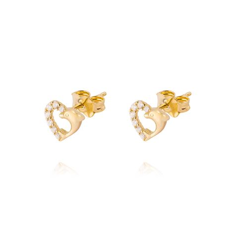 Aros Oro Amarillo 14kt Corazón Mitad Circonitas y Delfín-0