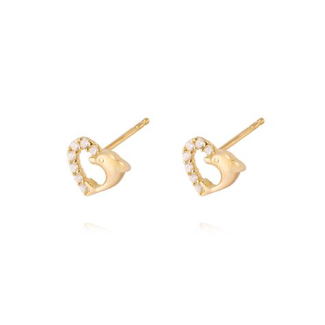 Aros Oro Amarillo 14kt Corazón Mitad Circonitas y Delfín-1