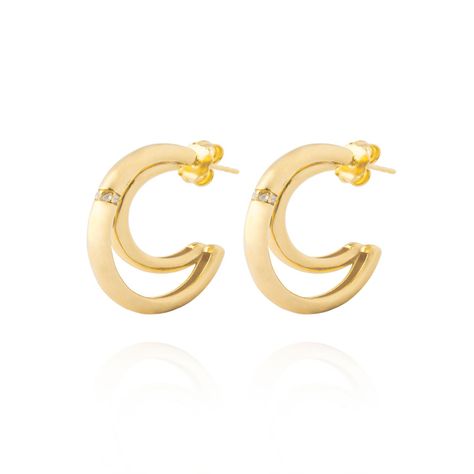 Aros de Plata Esterlina 925 Media Luna Circon Revestido en Oro 18kt-0