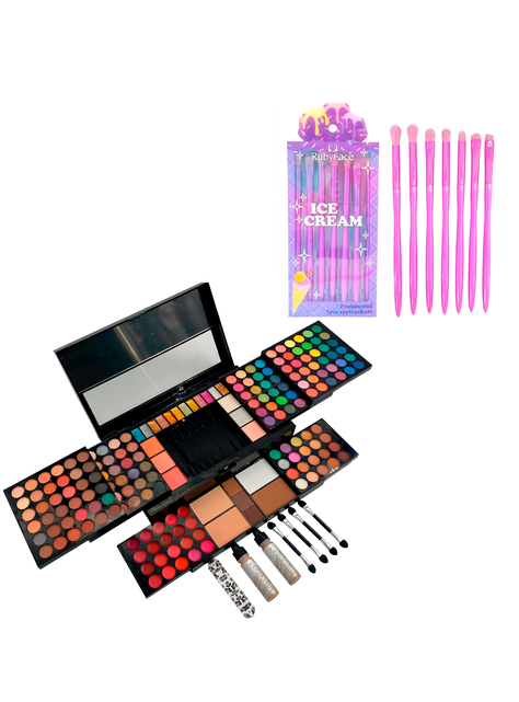 Paleta maquillaje grande sombras labial rubor + set brochas-0