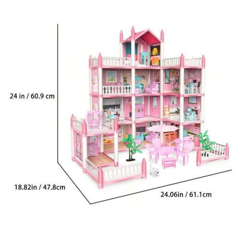 Casa De Muñecas Castillo Rosa Con Mueble Y Decoraciones DYI-1