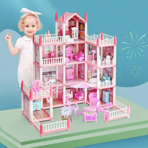 Casa De Muñecas Castillo Rosa Con Mueble Y Decoraciones DYI-5