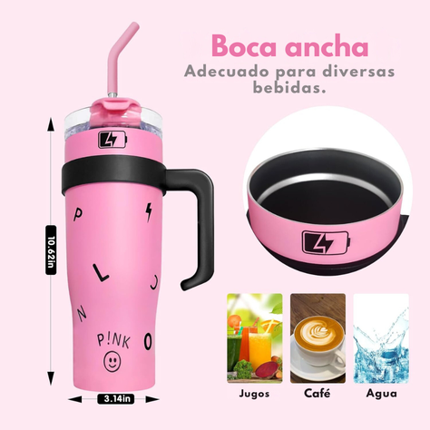 Taza Térmica Con Asa Pink Bombilla 1200 Ml Boca Ancha-2