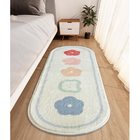 Alfombra Larga Ovalada Peluda Dormitorio Flores 120x40cm-0