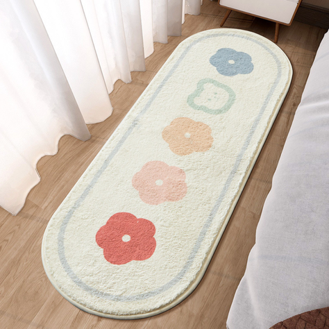 Alfombra Larga Ovalada Peluda Dormitorio Flores 120x40cm-1