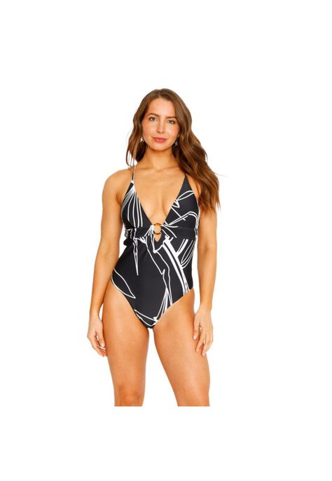 Traje de Baño Entero Triangulo Estampado para Mujer Negro-0