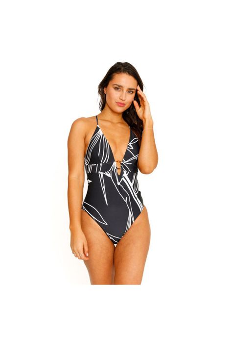 Traje de Baño Entero Triangulo Estampado para Mujer Negro-1
