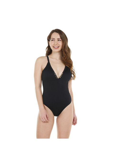 Traje de Baño Entero Mujer Broches H2O Wear Textura Rib Negro Pizarra-5