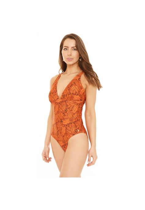 Traje de Baño Entero Mujer H2O Wear Halter Flores Semi Brillo Cobre-2