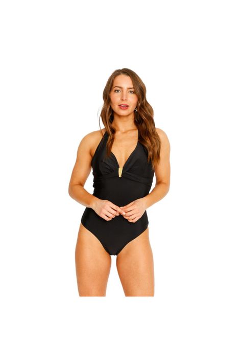Traje de Baño Entero Halter Liso para Mujer Negro-0