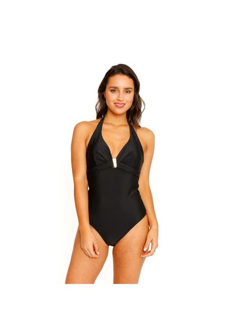Traje de Baño Entero Halter Liso para Mujer Negro-1