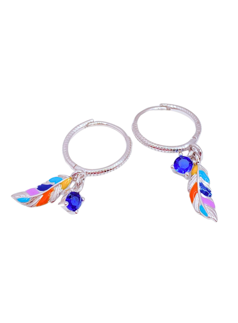 Aros Colgantes Plumas Coloridas, Plata 925-0