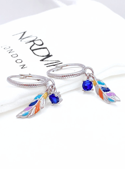 Aros Colgantes Plumas Coloridas, Plata 925-1