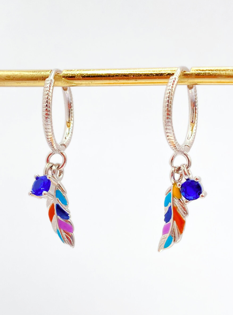 Aros Colgantes Plumas Coloridas, Plata 925-2