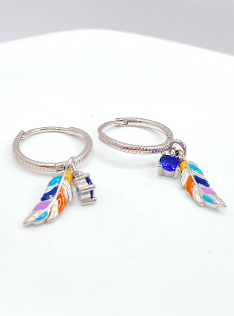 Aros Colgantes Plumas Coloridas, Plata 925-3