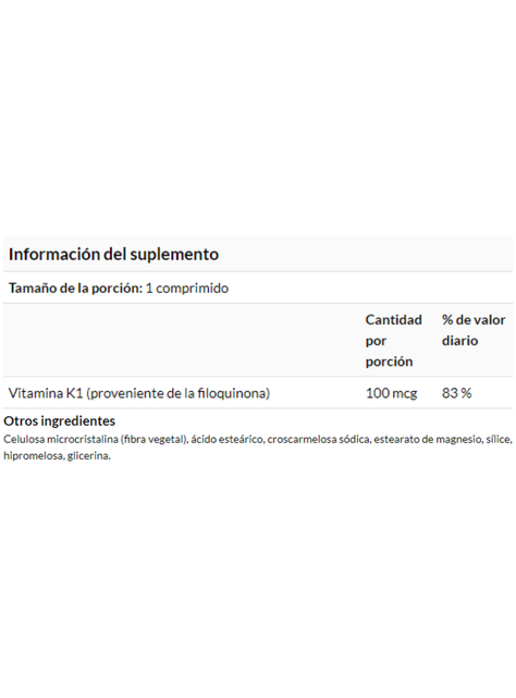 Vitamina K1 100 mcg 100 comprimidos, Salud ósea y cardiovascular-1