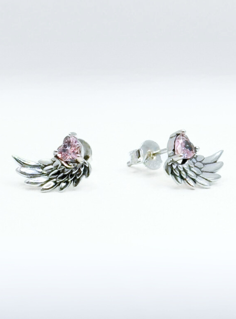 Aros Apegados Alas De Ángel, Amor, Circonita Rosada, Regalo-1