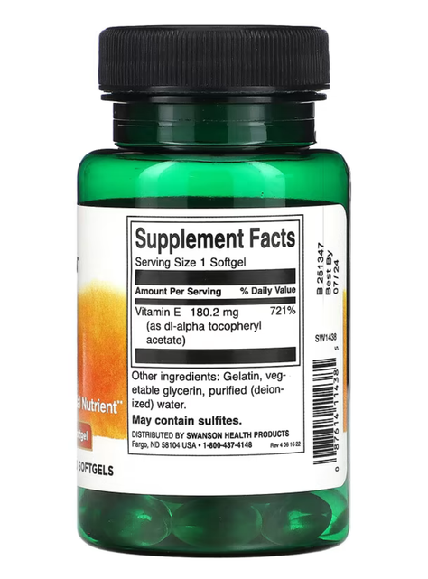 Vitamina E, 180 mg (400 UI), 60 Cápsulas blandas, Nutriente antioxidante y esencial.-1