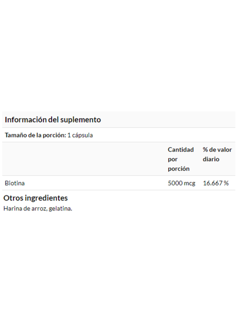Biotina, 5000 mcg, 100 cápsulas, Nutre el cabello, la piel y las uñas.-1