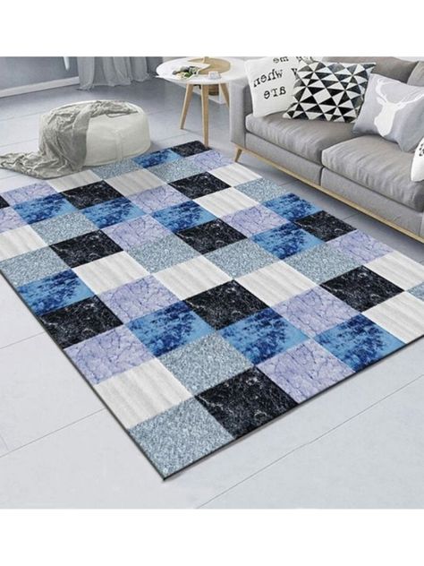 Alfombra Diseño Modernos Cuadros En Tonos Azules, Negros-1