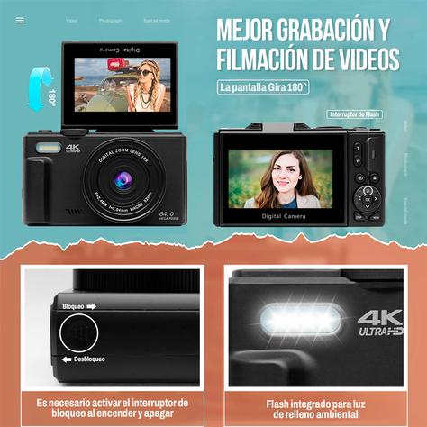 Cámara Fotografíca Digital 4K 30fps 64MP Pantalla Giratoria-3