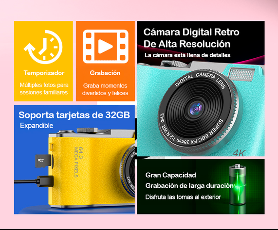Cámara Retro Moda Digital 4K 64MP 16X para Niños y Adultos-6