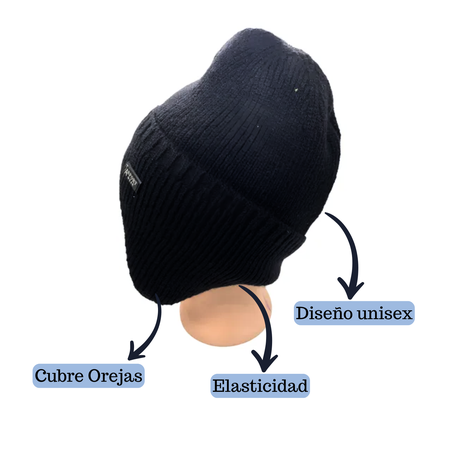 Gorro Beanie De Lana Adulto Con Cubre Orejas Unisex Negro-1