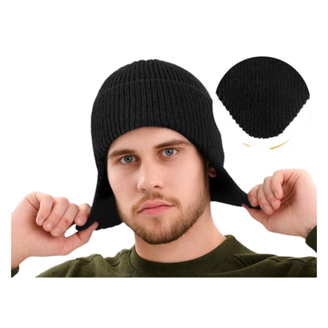 Gorro Beanie De Lana Adulto Con Cubre Orejas Unisex Negro-3