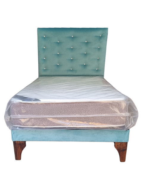 Cama 1.5 P + Respaldo a Piso Turquesa + Colchón -0