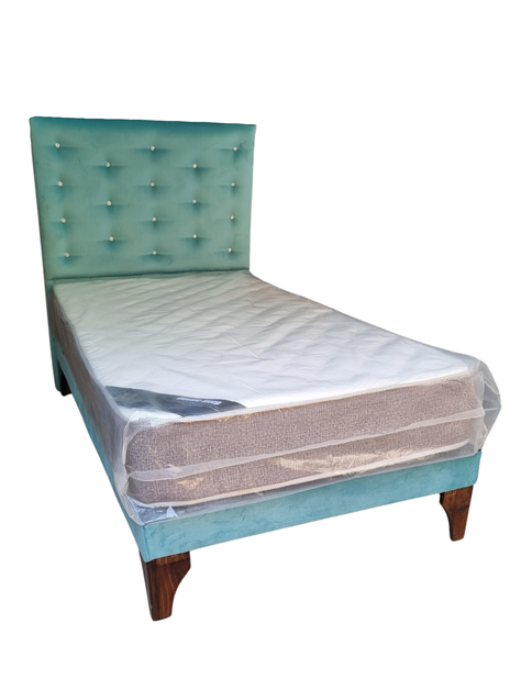 Cama 1.5 P + Respaldo a Piso Turquesa + Colchón -1