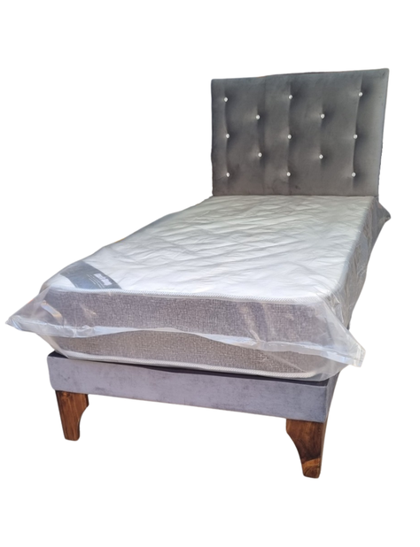 Cama Europea 1plaza Respaldo Gris Felpa Diamante Colchon Resorte Bonnell Marver -2