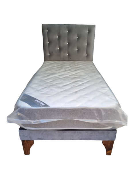 Cama Europea 1plaza Respaldo Gris Felpa Diamante Colchon Resorte Bonnell Marver -0