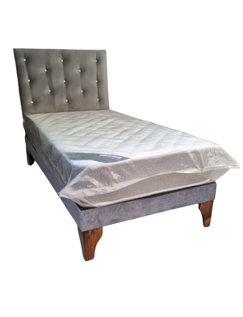 Cama Europea 1plaza Respaldo Gris Felpa Diamante Colchon Resorte Bonnell Marver -1