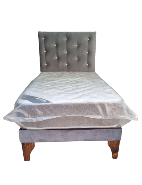 Cama Europea 1plaza Respaldo Gris Felpa Diamante Colchon Resorte Bonnell Marver -3