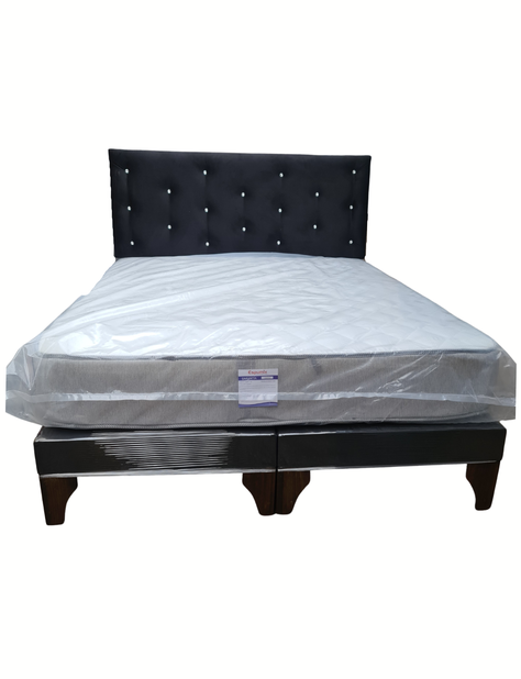 Cama Europea 2Plazas Negro Felpa Botón Diamante-0