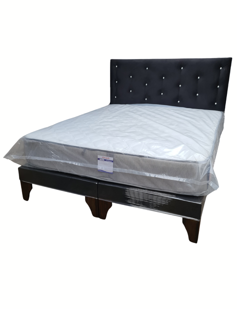 Cama Europea 2Plazas Negro Felpa Botón Diamante-2