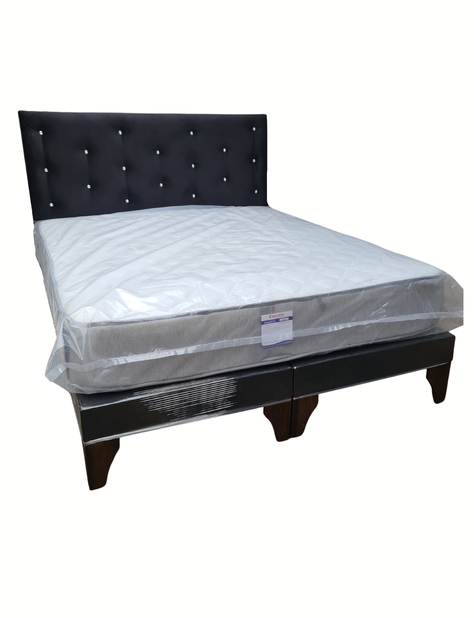 Cama Europea 2Plazas Negro Felpa Botón Diamante-1