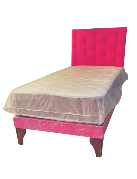 Cama Europea 1plaza Respaldo Fucsia Claro Felpa  Colchon Resorte Bonnell Marver -2