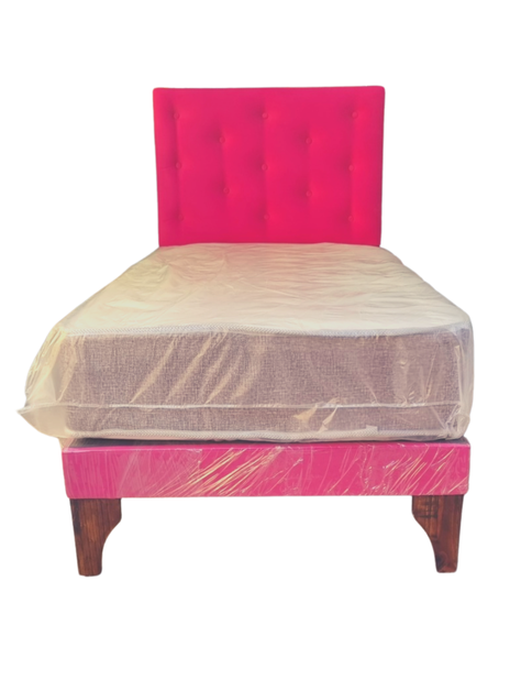 Cama Europea 1plaza Respaldo Fucsia Claro Felpa  Colchon Resorte Bonnell Marver -0