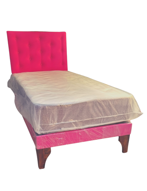 Cama Europea 1plaza Respaldo Fucsia Claro Felpa  Colchon Resorte Bonnell Marver -1