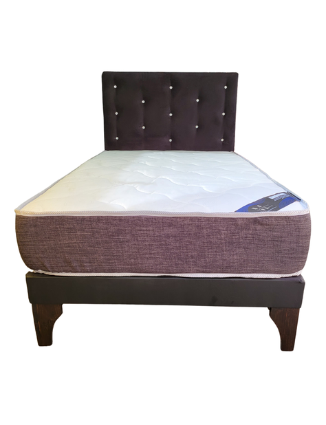 Cama Europea 1.5P Respaldo Negro Felpa Diamante Colchon Resorte Bonnell Marver -0