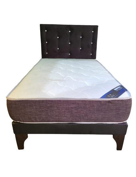 Cama Europea 1.5P Respaldo Negro Felpa Diamante Colchon Resorte Bonnell Marver -1