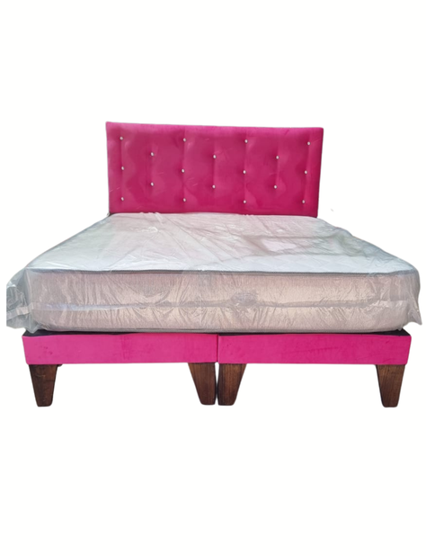 Cama Europea 2Plazas Fucsia Felpa Botón Diamante-0